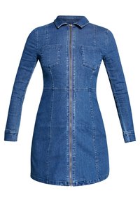 Spijkerjurk met lange mouwen, kraag en rits aan de voorkant. Voorzien van twee borstzakken en een aansluitend silhouet met contrasterende stiksels.