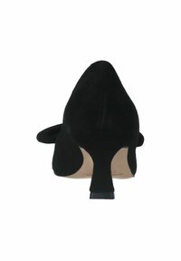 Zwarte fluwelen hoge hak met een puntneus ontwerp en een slanke, gebogen hak. Een gladde textuur en strakke lijnen bepalen de silhouet.