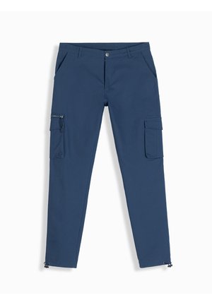 Pantalons cargo bleus en tissu à texture lisse, dotés de poches zippées et à rabat, de jambes fuselées et de fermetures ajustables aux chevilles.