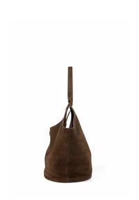 Brown suede shoulder bag with a single strap. Soft texture, rounded body shape, and a minimal design with no visible hardware or accents.