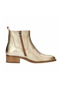 Goldfarbene metallische Knöchelstiefel mit einem strukturierten, metallischen Mesh-Obermaterial, seitlichem Reißverschluss, braunem Absatz und einer glatten Oberfläche.