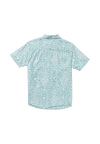 Short-sleeve button-up shirt in light blue with white intricate geometric patterns. Features a spread collar and a rounded hem.