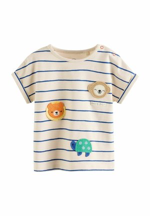 Striped short-sleeve t-shirt in beige and blue, featuring three embroidered animal patches: a lion, monkey, and turtle. Soft cotton material.