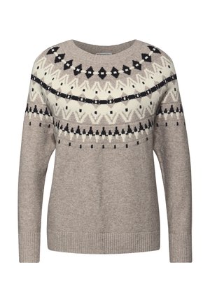 Lys beige sweater med rund hals, der har et geometrisk mønster i sort og hvid over brystet og lange ærmer. Tekstureret ribbet kant.