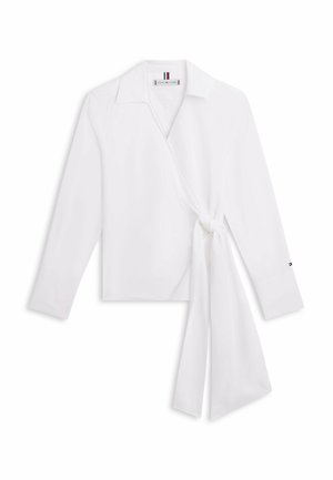 Blusa avvolgente bianca a maniche lunghe con colletto e dettaglio nodo laterale, con un piccolo logo sul polsino e etichetta all'interno del collo.