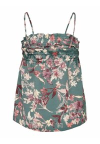 Haut sans manches vert à motifs floraux avec fines bretelles et col à volants, présentant des motifs de fleurs roses, blanches et bordeaux.