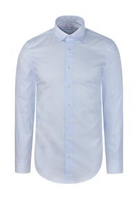 Lichtblauw shirt met lange mouwen in een geometrisch patroon, voorzien van een puntige kraag en een knoopsluiting aan de voorkant, gemaakt van gladde stof met een lichte glans.