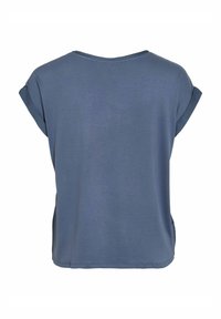 Top blu con maniche corte, scollo arrotondato e risvolti. Texture liscia, vestibilità comoda e spacchi laterali nell'orlo.