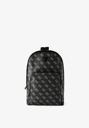 Sac à dos noir Guess avec motif logo blanc en all-over, poche avant zippée et boucle de portage supérieure.