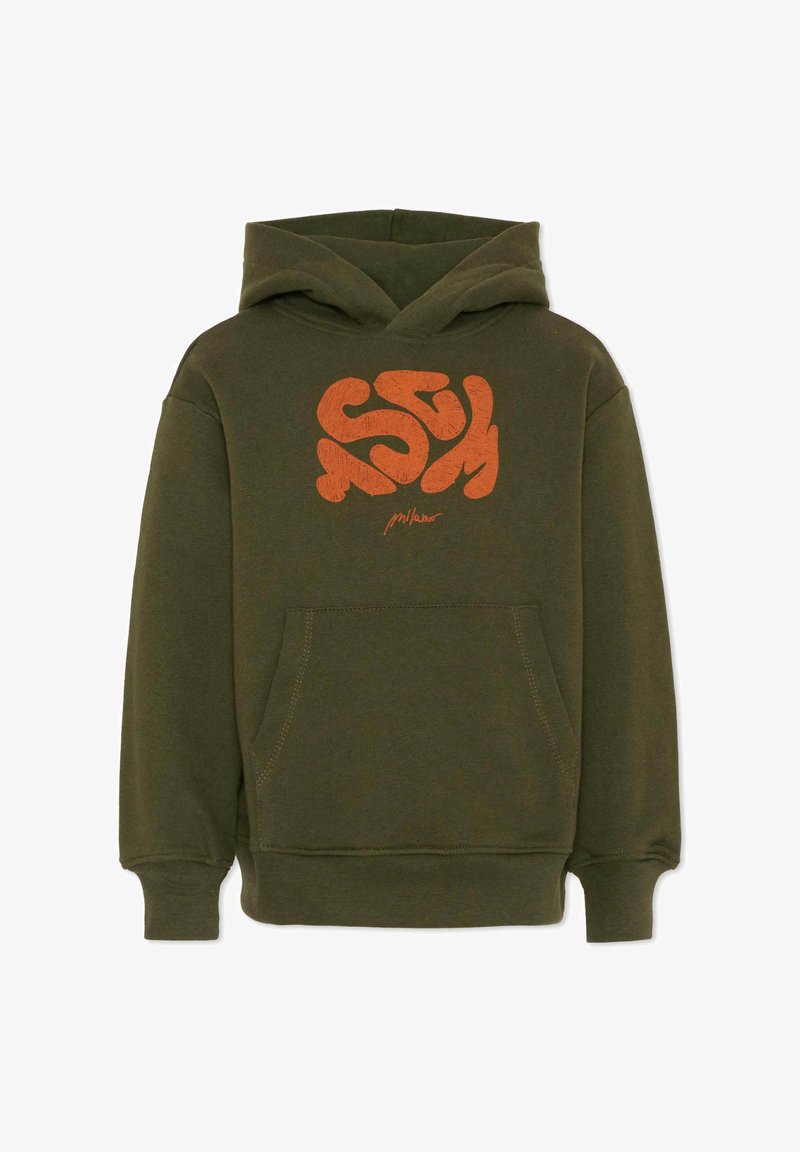 Felpa verde oliva con tasca a marsupio, caratterizzata da un logo astratto arancione sul davanti e polsini e orlo a costine. Tessuto morbido.