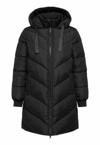 Black padded parka with a hood, featuring a zip front closure, elastic cuffs, and chevron quilted pattern on the body.