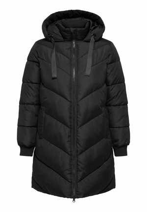 Parka nera imbottita con cappuccio, dotata di chiusura frontale con zip, polsini elasticizzati e motivo a zig zag sul corpo.