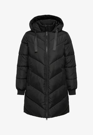 Czarna ocieplana parka z kapturem, z zamkiem błyskawicznym z przodu, elastycznymi mankietami i wzorem w jodełkę na korpusie.