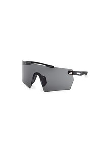 Sonnenbrille mit großen, dunkel getönten Gläsern in geometrischer Form. Matt-schwarzes Gestell mit strukturierten Akzenten und verstellbaren Nasenpads.