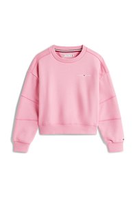 Felpa corta rosa realizzata in misto cotone. Presenta polsini e orlo a coste, spalle scese e un piccolo logo sul petto.