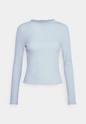 Light blue long-sleeve top in ribbed fabric with a fitted design. Features a ruffled neckline and hemline.