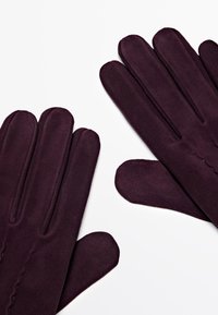 Guanti bordeaux realizzati in materiale morbido, con cinque dita, dettagli cuciti e una texture liscia.