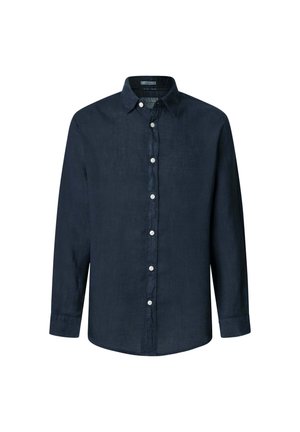 Camisa de botones de manga larga en azul marino, fabricada en lino ligero, con un collar clásico, botones blancos y un ajuste relajado.