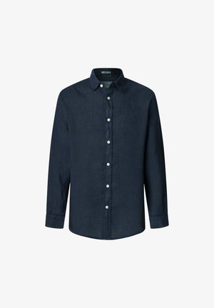 Camisa de botones de manga larga en azul marino, fabricada en lino ligero, con un collar clásico, botones blancos y un ajuste relajado.