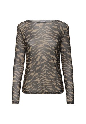 Ilgomis rankovėmis permatomas viršus su tigro juostelių raštu rudų ir smėlio spalvų atspalviais, laisvai krentantis ir su apvaliu iškirpimu.