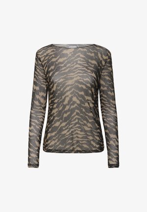Long-sleeve sheer top featuring a tiger stripe pattern in shades of brown and beige, with a relaxed fit and rounded neckline.