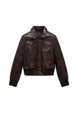 Veste bombardier en cuir marron avec un col, deux poches avant, des poignets et un ourlet côtelés, présentant une texture lisse et des coutures minimales.