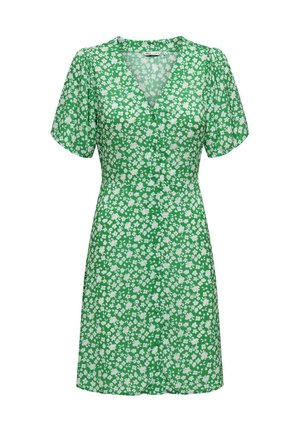 Vihreä, lyhythihainen mekko, jossa valkoinen kukkakuosi, V-pääntie, nappikiinnitys edessä ja hieman vartalonmyötäinen vyötärö.