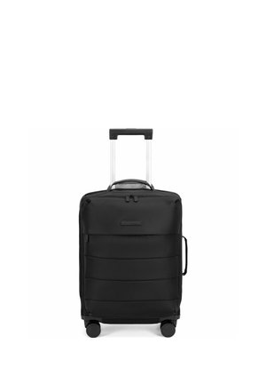 Valise souple noire avec quatre roulettes, poignée extensible, poche zippée à l'avant et poignée latérale.