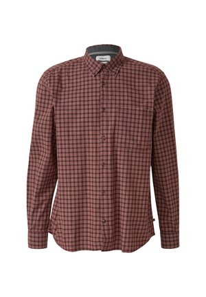 Checked shirt in maroon and beige, featuring a button-down collar, long sleeves, and a chest pocket. Made from soft, textured fabric.