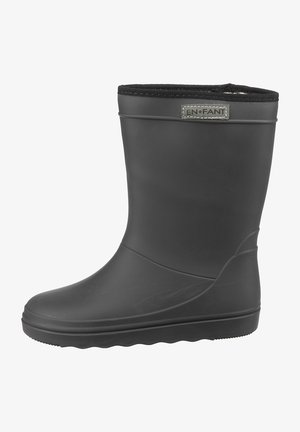 Sort gummistøvle med en struktureret overflade, blødt stofkant øverst og en robust, skridsikker sål. Udstyret med logo-detalje.