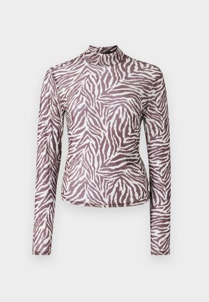 Top à manches longues en tissu semi-transparent, avec un motif zèbre marron et blanc, doté d'un col montant et d'une coupe slim.