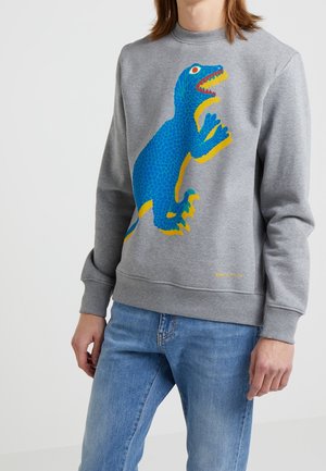 Osoba w szarej bluzie z dużą niebiesko-żółtą grafiką dinozaura, w jasnoniebieskich dżinsach, stoi na gładkim tle.