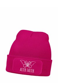 Pink knit beanie with ribbed texture and a folded cuff. Features a white butterfly design and the text "ALTER FALTER" on a patch.