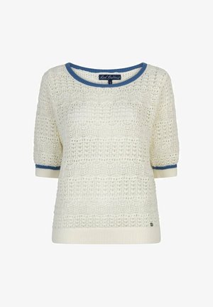 Witte korte mouw gehaakte trui met blauwe bies op de kraag en mouwboorden, ronde halslijn en geribbelde zoom.
