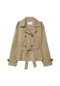 Beige trench coat made of smooth fabric, featuring a double-breasted design, tie belt, and button accents on sleeves and front.