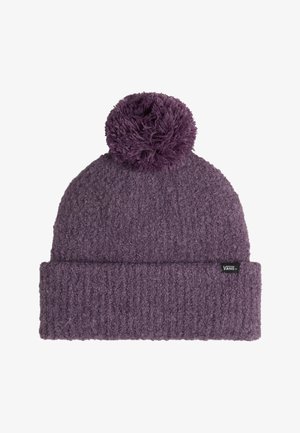 Gorro de lana morado con un pom-pom esponjoso en la parte superior, con textura acanalada y puño doblado, marcado con una pequeña etiqueta de logo.