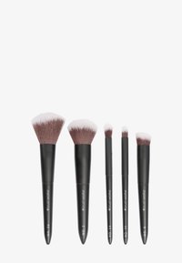 Conjunto de cinco brochas de maquillaje con mangos negros. Las brochas tienen cerdas suaves con un degradado de oscuro a claro. Contiene varios tamaños para diferentes aplicaciones.