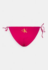 Rosa bikini-underdel laget av mykt stoff. Har justerbare knytninger på hver side og et gull CK-logo foran. Glatt tekstur.