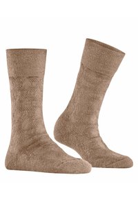 Kolorowe skarpety za kolano w miękkim brązowym materiale o fakturze. Materiał wydaje się puszysty, z prążkowanym ściągaczem na górze i gładką podeszwą.