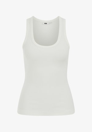 Weißes, geripptes ärmelloses Tanktop mit Rundhalsausschnitt, figurbetonter Silhouette und kleinem schwarzem Markenschildchen im Krageninnenteil.