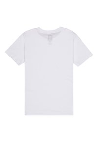 Weißes Baumwoll-T-Shirt, kurze Ärmel, Rundhalsausschnitt, schlichtes Design, weiche Textur, Rückansicht mit minimalem Branding nahe dem Hals.