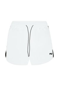 Pantaloni corti bianchi realizzati in un tessuto leggero, con un laccetto nero e accentuazioni laterali, dotati di un piccolo logo nero in basso a sinistra.