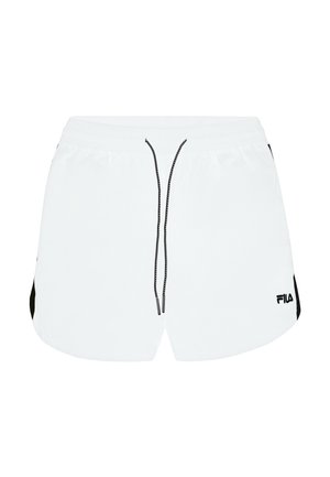 Pantaloni corti bianchi realizzati in un tessuto leggero, con un laccetto nero e accentuazioni laterali, dotati di un piccolo logo nero in basso a sinistra.