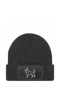 Black knit beanie with a ribbed texture, featuring a rectangular patch with a white dog graphic. Suitable for cold weather.