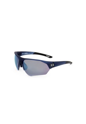 Occhiali da sole sportivi Under Armour con lenti avvolgenti blu polarizzate e montatura flessibile blu navy, con logo sulla stanghetta.