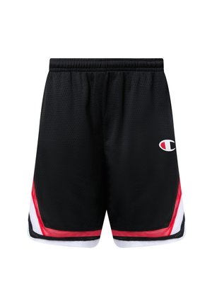 Pantalones cortos deportivos negros con detalles en rojo y blanco y cintura elástica, con un pequeño logo de Champion en la pierna derecha.