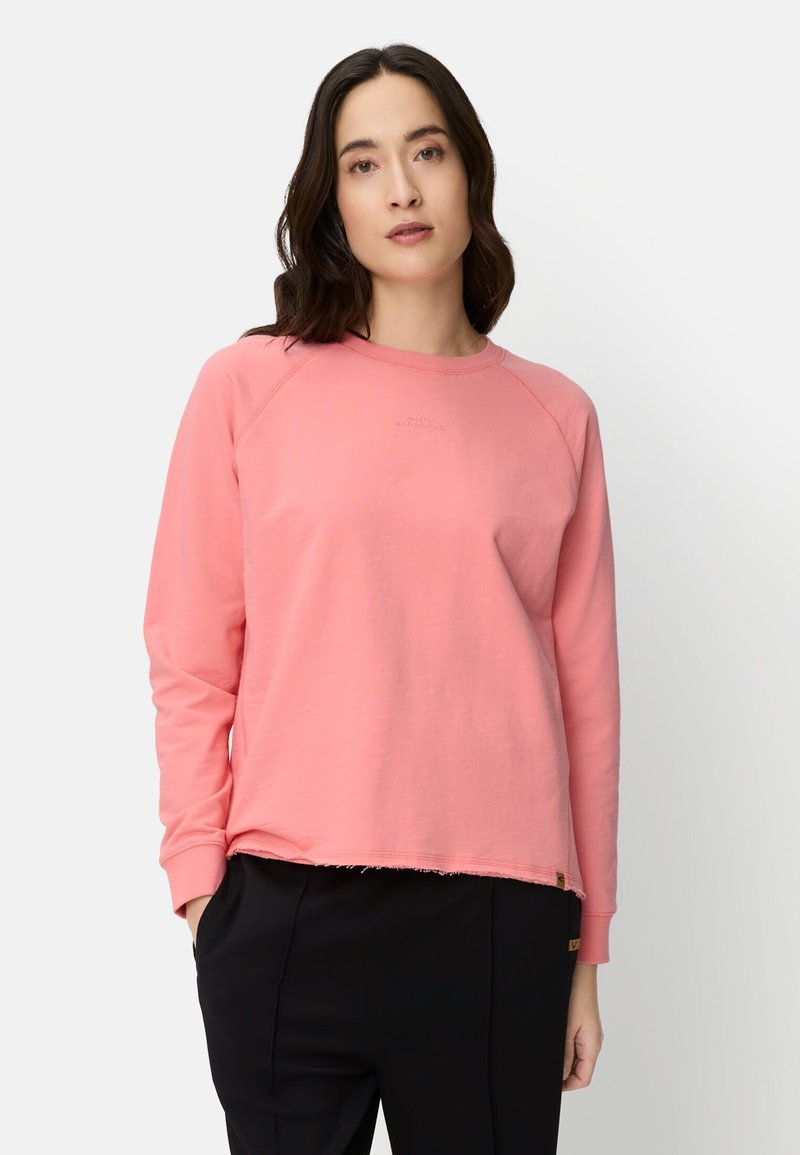 Rosa Sweatshirt mit langen Ärmeln, gerippten Bündchen, rundem Ausschnitt und einem rohen Saum. Enthält ein dezentes Logo auf der Brust.