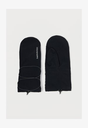 Sorte vanter med en glat tekstur, prydet med et syet design og en justerbar snoretræk ved håndleddet. Brandlogo ses på den ene side.