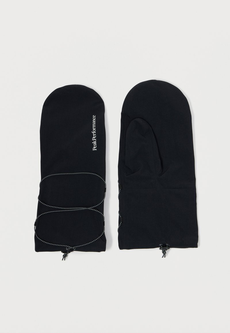Czarne rękawiczki o gładkiej fakturze, z przeszytym wzorem i regulowanym sznurkiem w nadgarstku. Logo marki widoczne z jednej strony.
