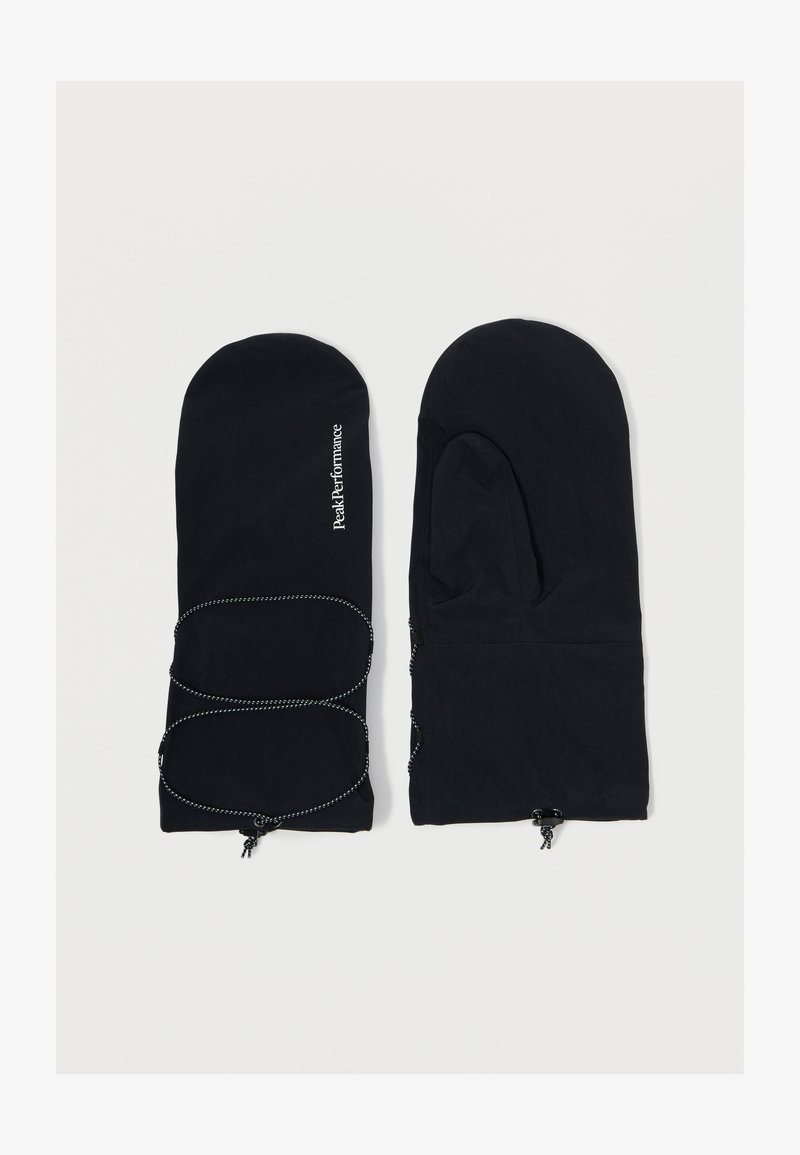 Czarne rękawiczki o gładkiej fakturze, z przeszytym wzorem i regulowanym sznurkiem w nadgarstku. Logo marki widoczne z jednej strony.